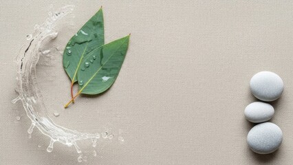 Tranquil spa and wellness concept with natural green leaves, refreshing water splash, and balanced white stones on a neutral background.