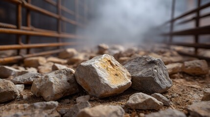 Fototapeta premium Close up of rocks and debris on a construction site with rusty rebar and a hazy atmosphere