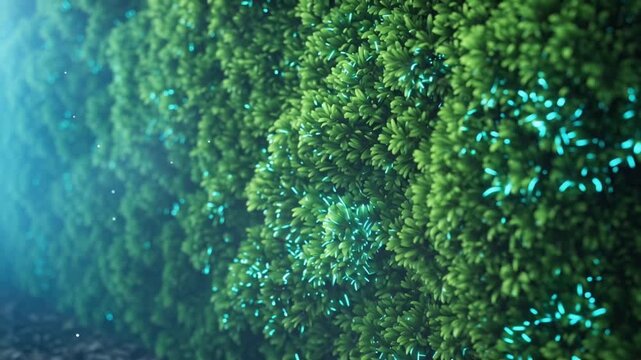 4K close-up video of a lush green moss wall morning sunlight filtering dew drops glistening moss fibers mist drifting micro movement moss alive, natural texture details, high-resolution, cinematic