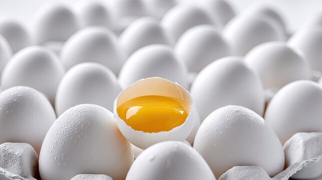 Carton filled with eggs and one cracked egg showing yellow yolk in a studio setting with a plain white background