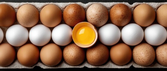 Carton of eggs with one broken revealing yolk, surrounded by brown eggs, promoting healthy eating and creativity in food preparation