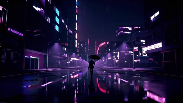 Cinematic 4K anime-style video, dark cyberpunk city night, heavy rain pouring neon-lit streets, reflections flying cars zooming past, holographic billboards flickering, lone anime character umbrella