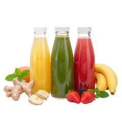 Different Types of Fruit Drinks Displayed With Ginger and Fresh Fruits on a White Background