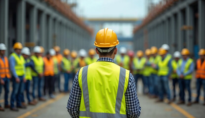 Construction supervisor briefing to a group of workers in an industrial setting.