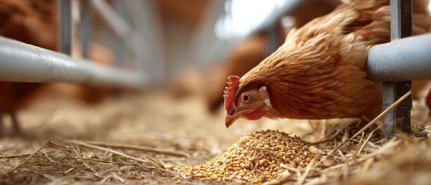 Chickens foraging for grain in an outdoor pen at a chicken farm with a red-crested hen close to the camera and a blurred background
