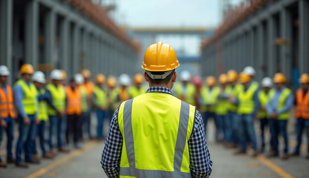 Construction supervisor briefing to a group of workers in an industrial setting.
