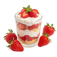 Fresh Strawberries Layered With Cream and Cake in a Clear Glass Cup on a White Background