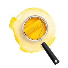 Yellow Paint Can With Roller Showing New Color on a Surface