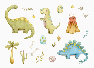 Set of cute watercolor illustrations of prehistoric dinosaurs, volcano, egg, palm trees, footprints and plants isolated on the background. © Olena Yevsikova