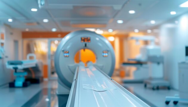 Advanced medical imaging technology in a modern healthcare facility with a focus on CT scanner and examination room - Powered by Adobe