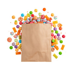 Colorful Candies Scattered Around a Brown Bag on a White Background During the Day
