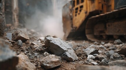 Yellow heavy construction hinery actively operates in a dusty rocky excavation site churning up debris and earth with powerful tracks showcasing