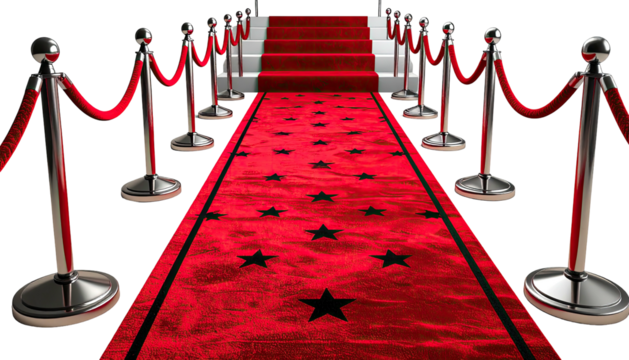 Red carpet with star pattern leading to staircase, framed by velvet ropes and metal stanchions - Powered by Adobe