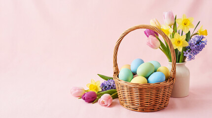 Basket with Easter eggs and flowers