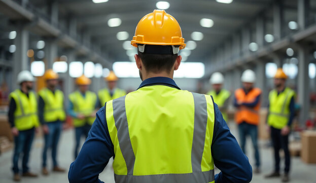 Construction supervisor briefing to a group of workers in an industrial setting.