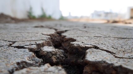 ro view of a severely cracked and fractured concrete surface revealing rough texture and accumulated debris