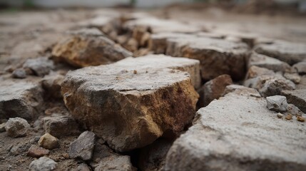 Close up of rough cracked concrete and rocky debris scattered on the ground
