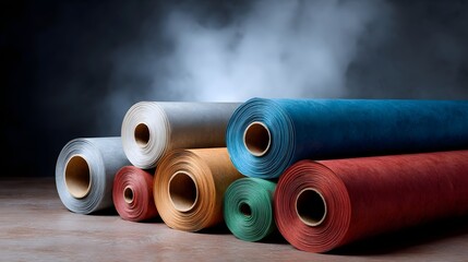 Vibrant collection of rolled materials in various colors artfully arranged in a studio setting with dramatic smoky atmosphere
