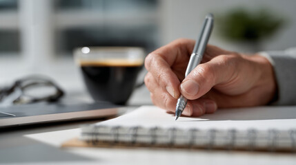 Close-up of a hand writing business goals.