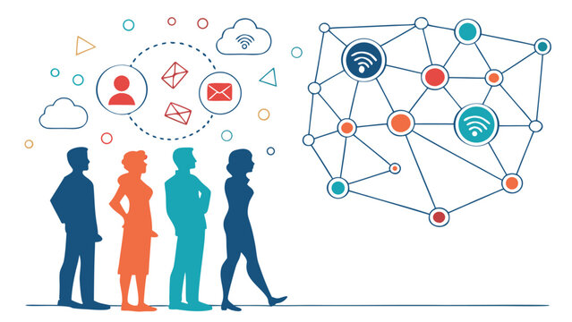 This flat vector illustration showcases a modern digital social network concept displaying interconnected nodes and lines representing global communication and connectivity
