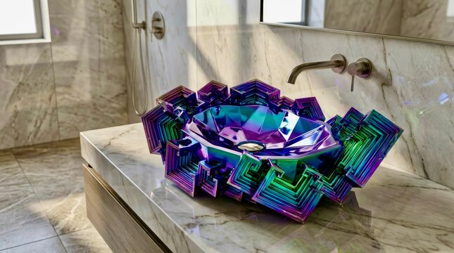 Sculptural bismuth metal crystal sink design with bright colors placed in a modern bathroom