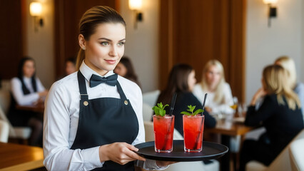 Caucasian woman bartender serving cocktails in upscale lounge, hospitality and service industry elegance