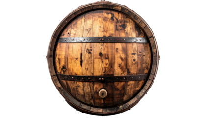Overhead shot of a traditional wooden barrel with metal bands and a spigot