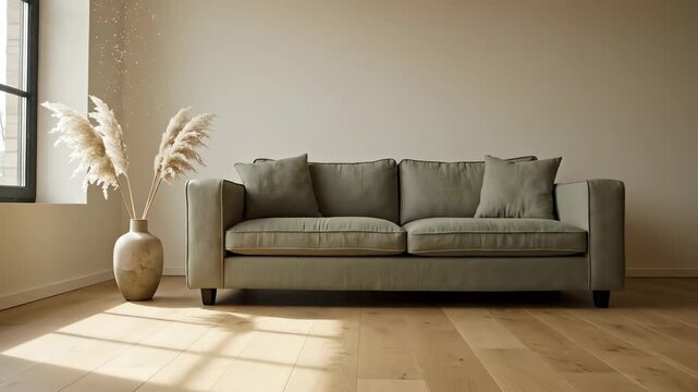 Wide-angle shot of a modern sofa in a bright room, upscaled 2x