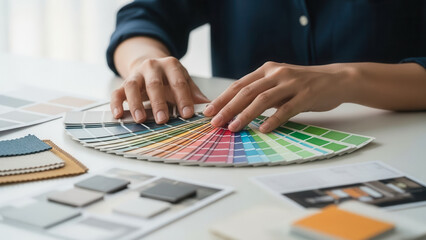 Interior designer hands holding color palette on white desk, creative project planning and color coordination in design process