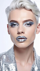 Model poses in front of a light background wearing shiny silver makeup and a reflective jacket