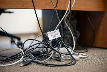 Untidy tangle of computer cables with a note on the floor. Technology mess and disorganization concept. Home or office workspace problem.