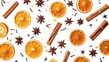 Overhead shot of dry orange slices, star anise, cinnamon sticks, and cloves on black background