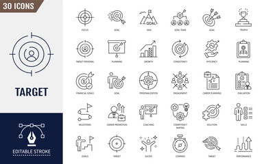 Target icon set. Target, aim, goal, objective, focus and more. Editable stroke. Vector illustration