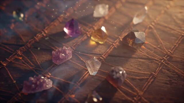 4K cinematic stock video, top-down view crystal grid rustic wooden table, various gemstones amethyst, rose quartz, citrine, clear quartz, glowing mystical energy along grid lines, particles floating