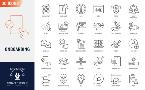 Onboarding icon set. welcome, sign up, user guide, tutorial, UX, login and more. Editable stroke. Vector illustration