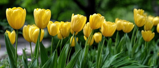 Field of yellow tulips in bloom with green leaves under sunlight showcases the beauty of nature in spring