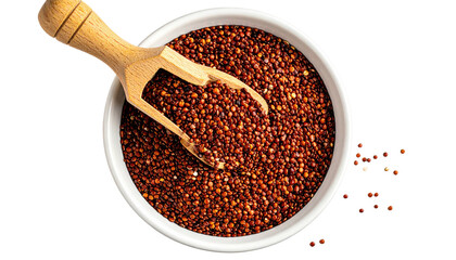 Overhead shot of red quinoa in a white bowl with a wooden scoop, all on a dark background