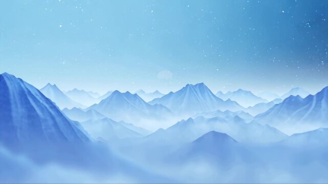 UHD 4K cinematic stock video, abstract watercolor mountains landscape, flowing brush strokes mist drifting valleys, dynamic color transitions sunrise pink deep indigo, glowing particles air meditative