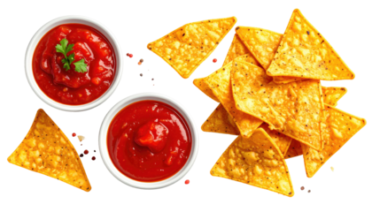 Overhead shot of tortilla chips, two salsa bowls, and scattered chili flakes