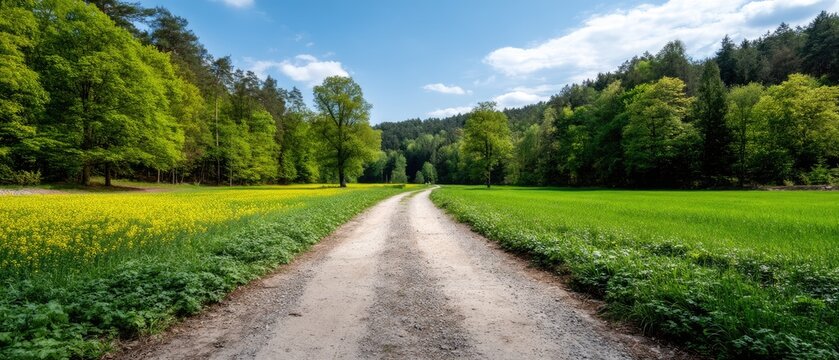 Bright yellow rapeseed field along a dirt road under blue sky with white clouds in a rural landscape during spring or summer time