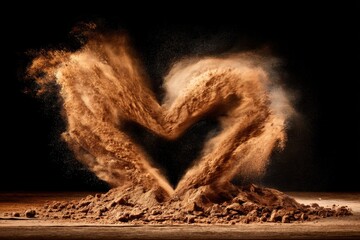 Heart shape formed by dynamic sand explosion on dark background, editable artistic image ideal for emotional campaigns, love concepts, dramatic posters and creative storytelling