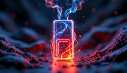 The image features a glowing, transparent battery like cylinder emitting vibrant electric sparks and energy arcs