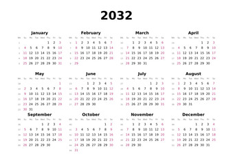 Kalender 2032 mit Wochenz&auml;hlung, englisch, elegant, erster Wochentag ist Sonntag, Querformat