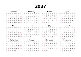 Kalender 2037 mit Wochenz&auml;hlung, englisch, elegant, erster Wochentag ist Sonntag, Querformat