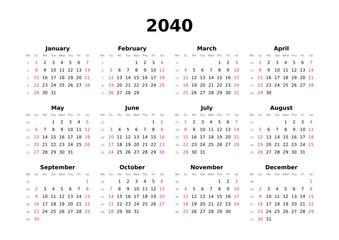 Kalender 2040 mit Wochenz&auml;hlung, englisch, elegant, erster Wochentag ist Sonntag, Querformat