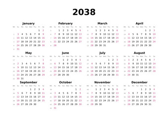 Kalender 2038 mit Wochenz&auml;hlung, englisch, elegant, erster Wochentag ist Sonntag, Querformat