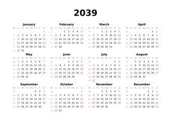 Kalender 2039 mit Wochenz&auml;hlung, englisch, elegant, erster Wochentag ist Sonntag, Querformat