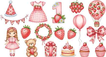 One year old birthday party celebration with pink theme and strawberries