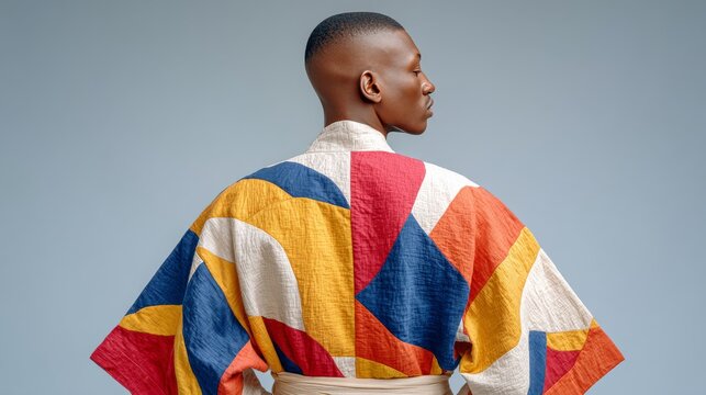 cRear view portrait of a stylish man wearing a vibrant, geometric patchwork kimono against a neutral blue-grey background. Ideal for high-fashion editorials, textile design blogs, and modern lifestyle