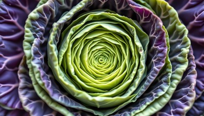 Fototapeta premium The image features a close up view of a colorful, layered vegetable, likely a type of leafy cabbage or lettuce, arranged in a spiral pattern